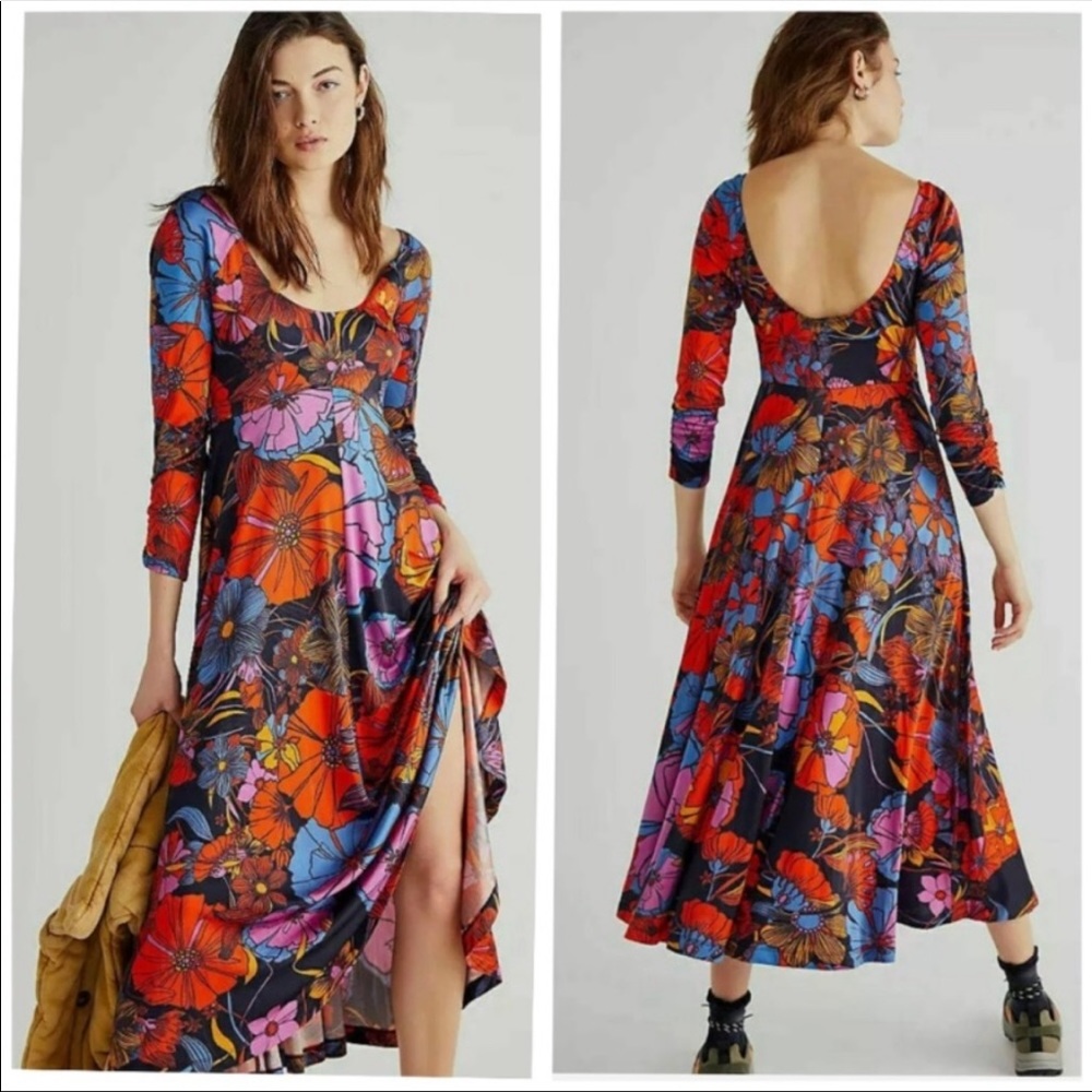 Free People First Date Maxi Dress Floral Printed Scoop Neck Long Sleeve XL NEW